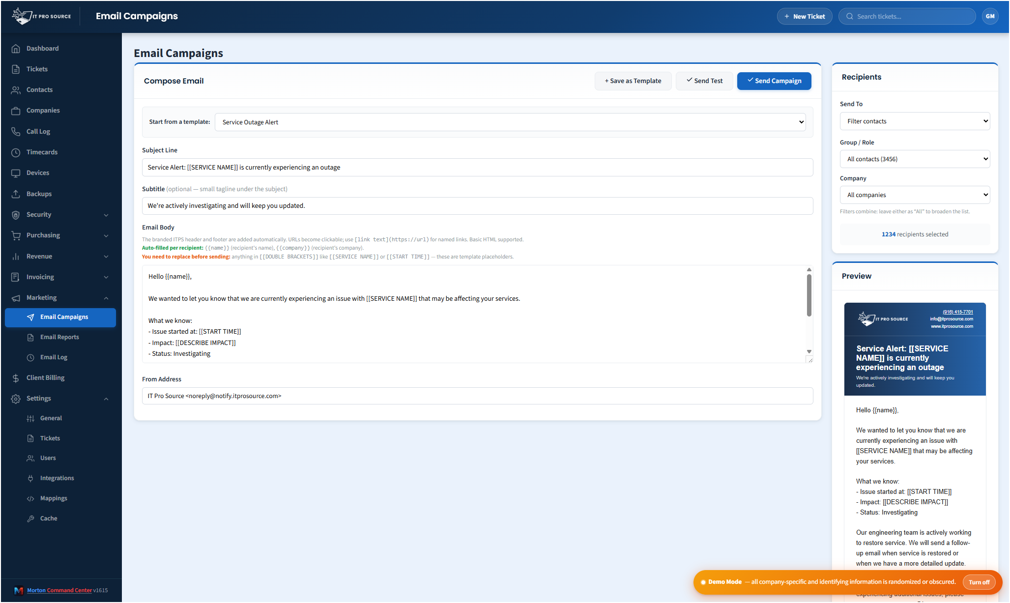 Email Campaigns composer with recipient targeting, subject line, body editor, and live preview